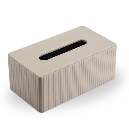 PU Leather Tissue Box Cover Rectangular Tissue Box Holder with Magnetic Bottom, Napkin & Facial Tissue Holder Dispenser for Home, Office for Standard 120-count/160-count (2-Ply) Beige Stripe - color: Beige Stripe