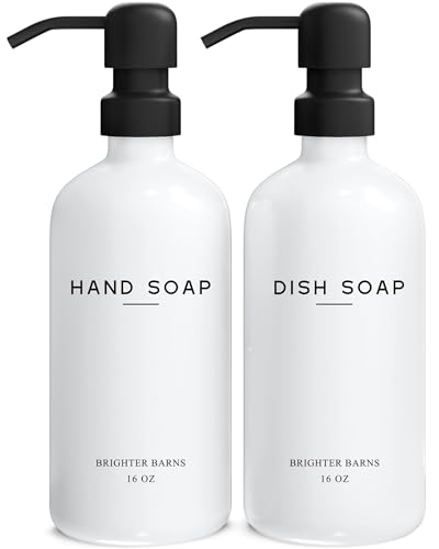 White Glass Hand and Dish Soap Dispenser Set by Brighter Barns - Kitchen Soap Dispenser & Stainless Steel Pump - Glass Bottles for Kitchen Sink - Farmhouse Home Decor, Bathroom Accessories (White) - color: White Hd