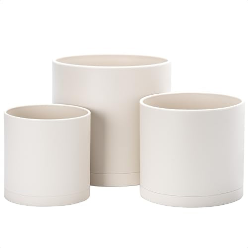 D'vine Dev 3-Pack Plastic Pots & Saucers, 6.5/8/10 in, Oatmeal, 74-V-H-4 | Multi-Size Options, Lightweight Durable, Matte Finish, Cylinder Shape, Drainage Holes, Sleek Design, Detachable Saucer - color: Oatmeal, size: Large