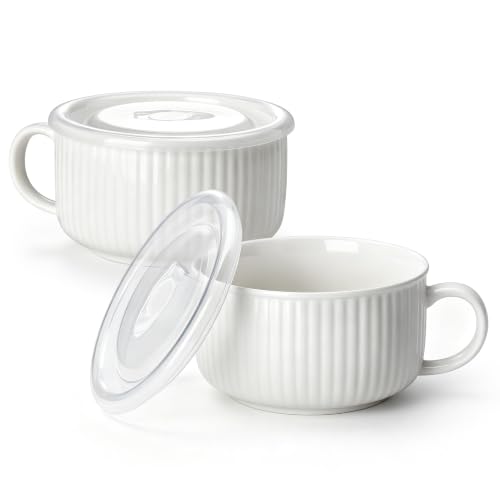 vancasso 38oz Soup Mug with Lid and Handle Steam Vent Bowl White 2 Pack | 38oz Large Ceramic Soup Mug, Vented Silicone Lid, Heat Insulated Handle, White, Microwave and Dishwasher Safe, Set of 2