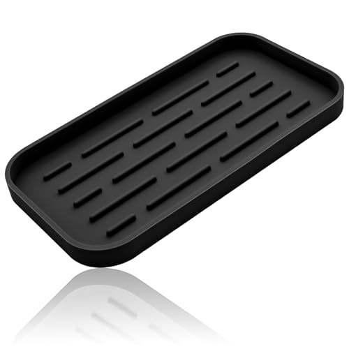 Silicone Organizer Tray, Soap and Sponge Holder for Kitchen Sink, Bathroom - Storage Tray for Dish Brush, Soap Dispenser, Dishwashing Accessories-(Black 1 Pack, 10"x5.3") - color: Black, size: 10 x 5.3 inches, 1 Pack