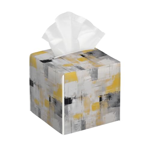 Art Painting Yellow Gray Black Leather Tissue Box Cover, Waterproof PVC Leather Napkin Holder, Decorative Tissue Case for Coffee Table Office Bedroom Kitchen Bathroom Car - color: Art Painting Yellow Gray Black