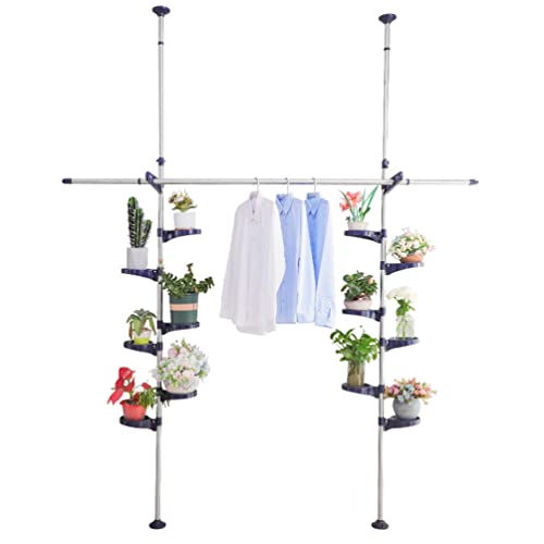 Plant Stand Floor to Ceiling-12 Trays Flower Pot Holder Tension Rod | Indoor Telescopic Navy Blue Display Rack with 2 Hooks & Drying Rod | Adjustable Storage Organizer for Home Garden Decor - color: Navy Blue, size: 2 x 7 Tier