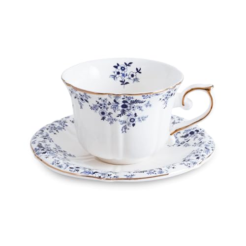 Ceramic Floral Cups with Saucers，7 oz Espresso Cups for Latte Coffee Cafe, Cappuccino and Tea (1, Little Blue Flower) - color: Little Blue Flower