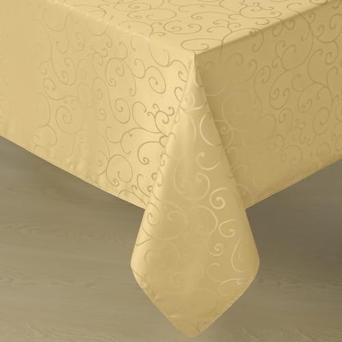Romanstile Christmas Jacquard Rectangle Tablecloth - Gold Waterproof Damask Curly Floral Pattern Decorative Table Cloth, Heavy Weight Fabric Table Cover for Dining/Party/Holiday - 52 x 70 Inch - color: Gold, size: 52" x 70" (Rectangular)