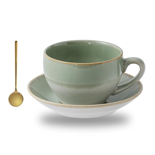Porcelain Coffee Cup with Saucer Spoon, Vintage Design Ceramic Latte Art Cappuccino Barista Espresso Tea Cup with Saucer (10oz White Both Green) - color: White Both Green