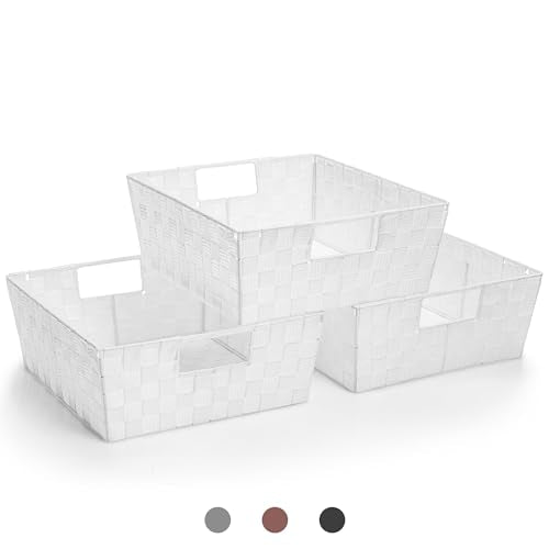 Sorbus Set of 3 Large Woven Storage Baskets – Mesh Hand-Woven Baskets for Organizing, Fabric Storage Bins for Linen Closet Organizer, Storage Baskets for Shelves and Home Organization (White) - color: White, size: Set of 3