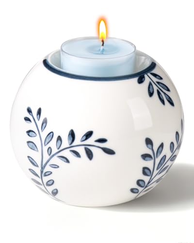 Ceramic Tealight Candle Holder, Candlestick Holder, Leaf | Magclay Chinoiserie Candlestick Holder for Taper Candle, Blue and White Decor, Leaf - color: Leaf