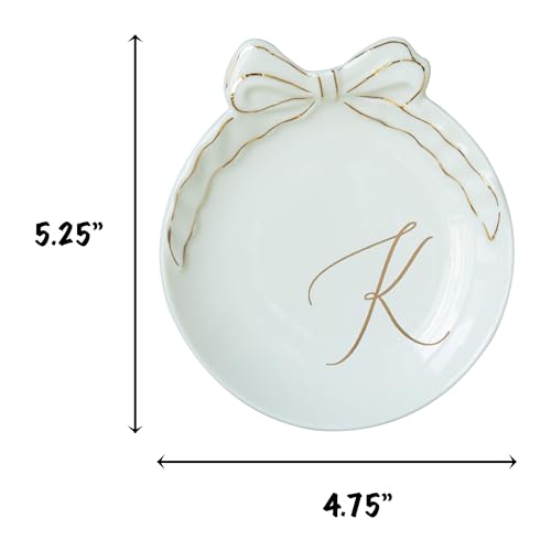 COLLECTIVE HOME Ceramic Jewelry Tray, Monogram Trinket Dish with Bow (K) | Mothers Day Graduation Christmas Birthday Gifts for Women, Bridesmaid Proposal Gifts, Features Real Gold Trim & Gift Box - color: K