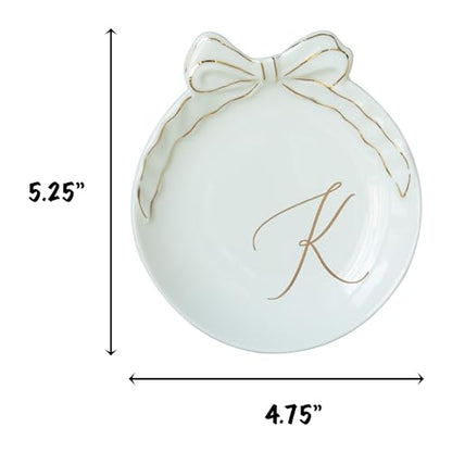 COLLECTIVE HOME Ceramic Jewelry Tray, Monogram Trinket Dish with Bow (K) | Mothers Day Graduation Christmas Birthday Gifts for Women, Bridesmaid Proposal Gifts, Features Real Gold Trim & Gift Box - color: K