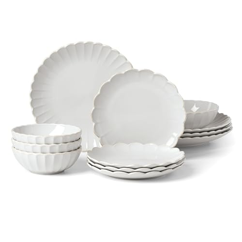 Lenox French Perle Scallop White Dinnerware Set with Accent Plates | dishwasher safe, microwave safe | plates and bowls sets for kitchen and dining | 11 inch plate, dish set - style: 12-Piece Dinnerware Set