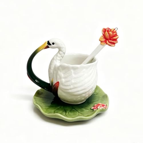 Ceramic Tea Cup and Saucer Set ，6OZ 3D Hand-painted Swans and Lotus Leaves Coffee Mug，Gift for Women