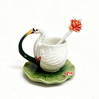 Ceramic Tea Cup and Saucer Set ，6OZ 3D Hand-painted Swans and Lotus Leaves Coffee Mug，Gift for Women