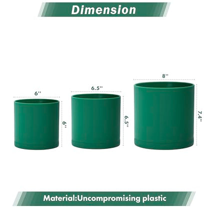 D'vine Dev 3-Pack Plastic Pots & Saucers, 6/6.5/8 in, Green, 74-V-D-3 | Multi-Size Options, Lightweight Durable, Matte Finish, Cylinder Shape, Drainage Holes, Sleek Design, Detachable Saucer - color: Green, size: Medium