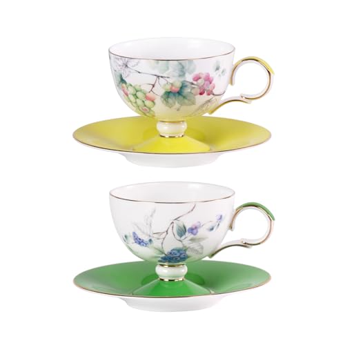 KAMMAK Tea Cups Set of 2,Ceramic Floral Pattern Demitasse Cup | Porcelain Espresso Cup with Saucer, 7.44 oz Handmade Elegant Bone China Tea Cups for Latte, Americano, Cappuccino - color: Grape + Blueberry