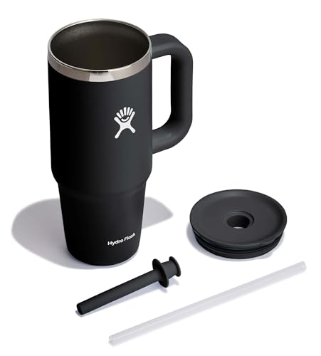Hydro Flask Travel Tumbler with Handle, Lid and Straw - Insulated Stainless Steel in 24 Oz Black - color: Black, size: 24 Ounces