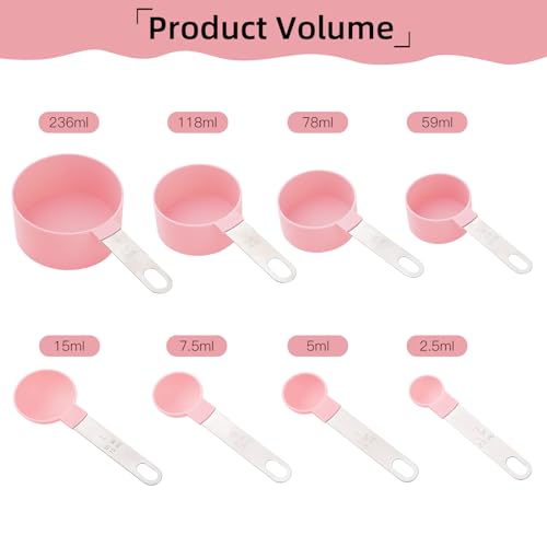 8 PCS Tainless Steel Measuring Cups and Spoons Set, Nesting Measuring Cup and Spoon Set for Precise Cooking Measurements in the Kitchen, Pink - color: Pink