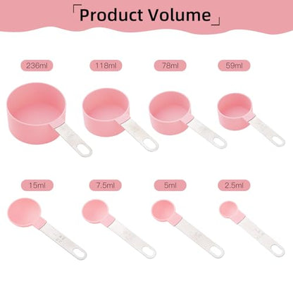 8 PCS Tainless Steel Measuring Cups and Spoons Set, Nesting Measuring Cup and Spoon Set for Precise Cooking Measurements in the Kitchen, Pink - color: Pink