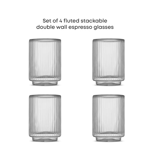 JoyJolt Haven Fluted Stackable Espresso Cups Set of 4, 2.5oz Ribbed Double Wall Glasses, Stacking Insulated Coffee Cup Set, Small Glass Coffee Cups for Espresso Machine Accessories - style: Espresso Glasses