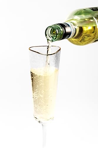 Bec's Designs Champagne Flutes Set of 4, 6oz Handblown, Hammered Gold Rim | Triangular champagne glasses offer elegant stemware for mimosas, Prosecco & weddings; handblown hammered glass design.