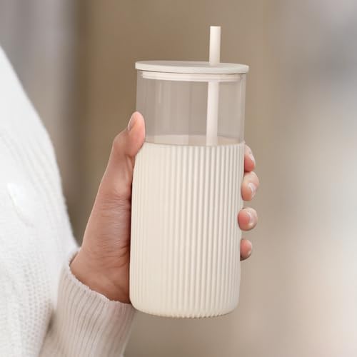 SANDJEST Glass Tumbler with Straw and Lid, Glass Water Bottle with Silicone Sleeve 20oz, Smoothie, Iced Coffee Cup, Gifts for Women Teen Girls Birthday Christmas (Cream) - color: Cream