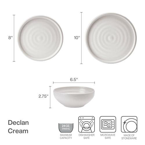Mikasa Declan 12 Piece Stoneware Dinnerware Set, Service for 4, Modern Plate and Bowl with High Rims for Everyday Use, Beige