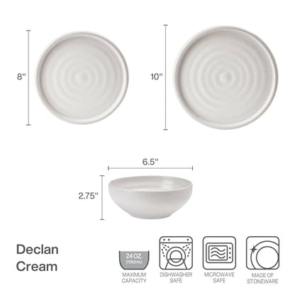 Mikasa Declan 12 Piece Stoneware Dinnerware Set, Service for 4, Modern Plate and Bowl with High Rims for Everyday Use, Beige
