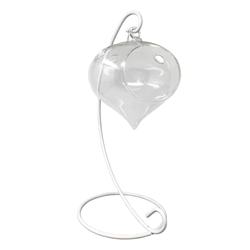 Glass Terrarium with White Metal 9" Stand – Hanging Air Plant Holder, Succulent Planter, Desktop Geometric Terrarium Decor for Home, Office, or Gift