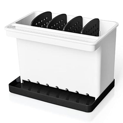 JOMOLA Kitchen Sink Organizer Dish Brush Sponge Holder Caddy Toothbrush Holders for Bathrooms Sinkware Kitchen Utensil Holder Sink Caddy Organizer with 4 Separate Dividers Removable Drain Tray (Black) - color: Black