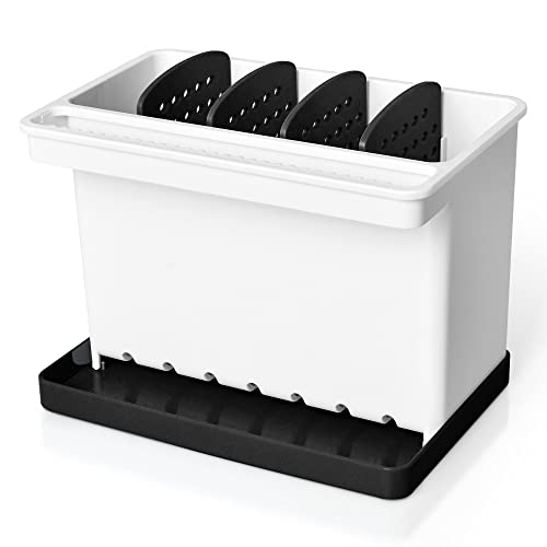 JOMOLA Kitchen Sink Organizer Dish Brush Sponge Holder Caddy Toothbrush Holders for Bathrooms Sinkware Kitchen Utensil Holder Sink Caddy Organizer with 4 Separate Dividers Removable Drain Tray (Black) - color: Black