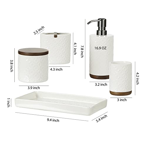 Bathroom Accessories Set, 5-Piece Ceramic and Wood Bath Accessory Complete Set with Lotion Dispenser/Soap Pump, Cotton Jar, Vanity Tray, Tumbler and Toothbrush Holder (White and Beige)