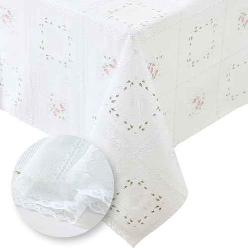 Threadmade Floral Lace-Inspired 3-Yard Cut-to-fit Vinyl Tablecloth/Table Protector, White - 54" W x 108" L - color: Floral White
