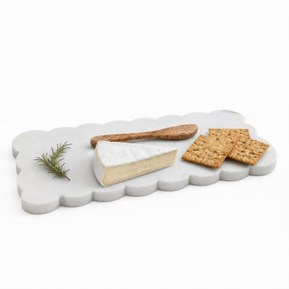 Mud Pie Scallop Marble Board Set, White, 12" x 5" | Scalloped Cutting Board for Charcuterie