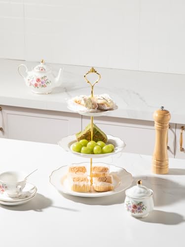 Sweejar 3 Tier Ceramic Cake Stand Wedding, Dessert Cupcake Stand for Tea Party Serving Platter(Small Flower) - color: Small Flower