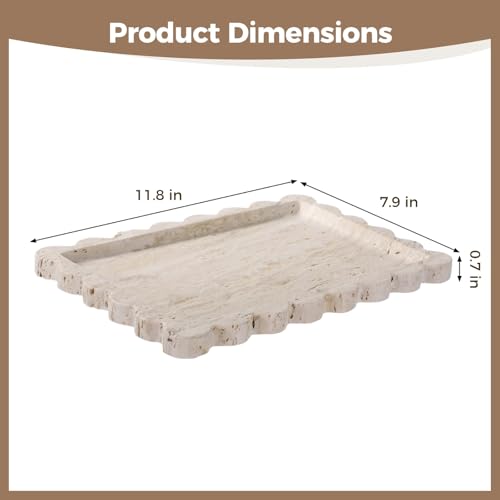 Natural Travertine Rectangle Vanity Tray, Natural Stone Tray with Scalloped Edge, Decorative Irregular Shape for Bathroom Countertop, Jewelry, Cosmetics, Candles, Lotion, Perfume, 12 x 8 in
