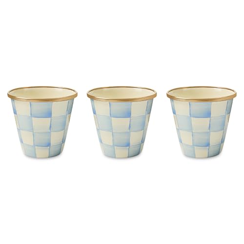 MACKENZIE-CHILDS Enamel Herb Pot Set, Small, Light-Blue-and-White Sky Check | Hand-painted design, small plant pots for herbs or flowers, 3.5" dia. x 3.25" H, 8-ounce capacity per pot, set of 3 - color: Sky Check