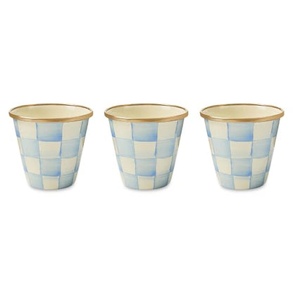 MACKENZIE-CHILDS Enamel Herb Pot Set, Small, Light-Blue-and-White Sky Check | Hand-painted design, small plant pots for herbs or flowers, 3.5" dia. x 3.25" H, 8-ounce capacity per pot, set of 3 - color: Sky Check