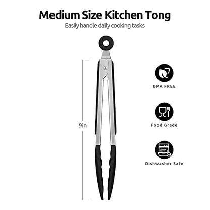 U-Taste 600ºF High Heat 9in Silicone Kitchen Tong and 600ºF Heat Resistat Spatula Spoon Flexible Silicone Cooking Scoop Spoonula (Black)