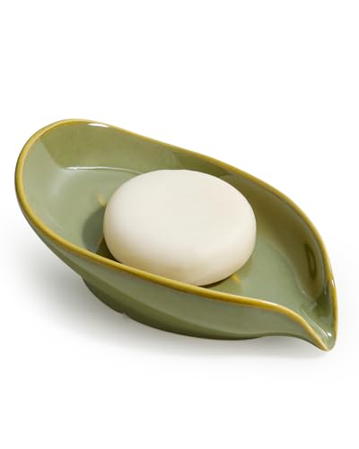 Soap Holder, Self-Draining Soap Dish, Leaf Shape Ceramic Bar Soap Holder Drain Soap Dishes for Bathroom Sink Kitchen, Easy to Clean Keeps Soap Dry, Olive Green, ANTIS'S HOME - color: Green-enhanced Drainage-1pcs