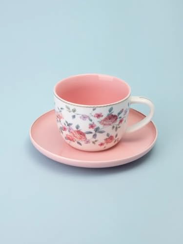Porcelain Set of 2 Pastel Cups 8 oz with Saucers 5.75", Glamour by Marsseus Collection, Gift Box, Floral motif - color: Floral motif-3