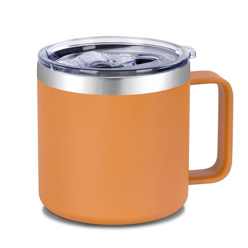VEGOND 14 oz Insulated Coffee Mug with Handle, Stainless Steel Travel Coffee Mug with Lid, Double Wall Vacuum Metal Coffee Cup, Coffee Tumbler Powder Coated, Orange 1 Pack - color: Orange, size: 14 Ounces