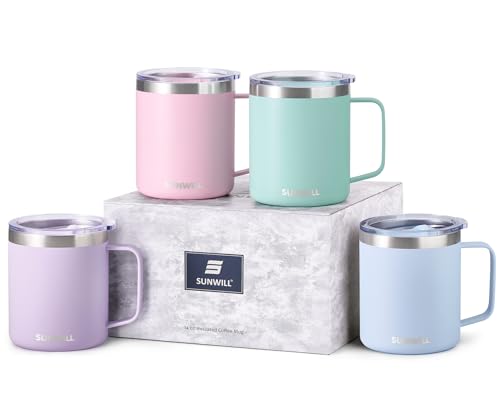 SUNWILL Travel Coffee Mugs Set of 4, Insulated Tumbler with Lid, 14 oz Stainless Steel Cup with Handle Bulk for Gift, Camping, Office, Powder Coated Orchid, Iceberg, Mint, Sakura - color: Powder Coated Orchid & lceburg & Mint & Sakura