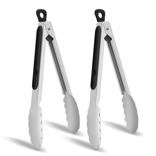 Hotec Stainless Steel Kitchen Tongs Set of 2-9 Inch Locking Metal Cooking Tongs for Serving, Salad, Grill & Air Fryer with Non-Slip Grip - size: 2 pack: 9 inch
