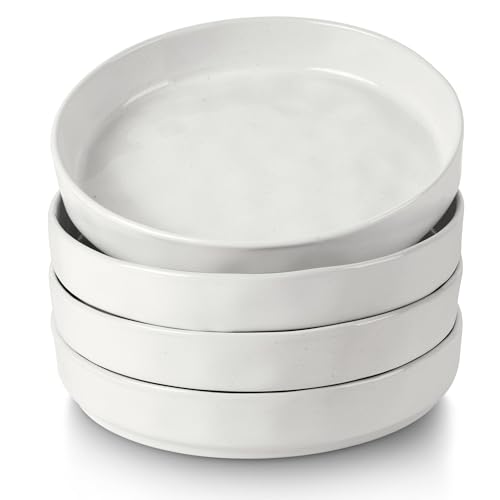 LIANYU 8.25" Wide Shallow Pasta Bowls Set of 4, Deep Dinner Salad Plates | Large Ceramic Serving Bowls Plates, Microwave & Dishwasher Safe, Polar White - color: Polar White