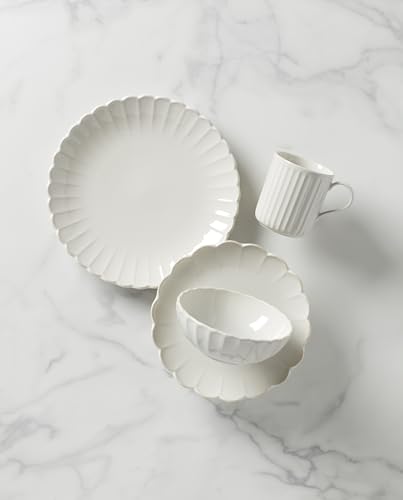 Lenox French Perle Scallop White Stoneware 4-Piece Dinnerware Set for 1 | dishwasher safe, microwave safe | plates and bowls sets for kitchen and dining | 11 inch plate, dish set - style: 4-Piece Place Setting White