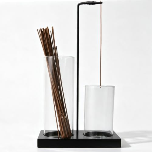 2-in-1 Glass Incense Holder with Storage & Ash Catcher for Sticks | Black beech wood Base, Black clip, Applicable Meditation, Yoga &Home Decor - color: Transparent