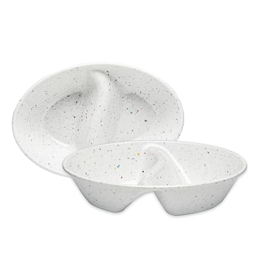 Confetti Divided Bowl Set of 2, 100% Melamine BPA-Free Stackable Unbreakable Bowls with Two Compartments, Ideal for Snacks, Chips & Dips, Cereal, Dishwasher-Safe Color: White - color: Confetti White