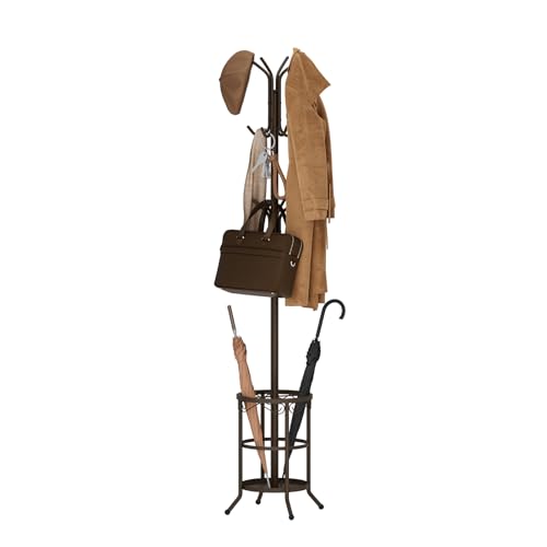 Coat Rack Freestanding With Umbrella Holder – Metal Hall Tree with 12 Hooks, Entryway Organizer for Hats, Bags, and Clothes (Brown) - color: Brown