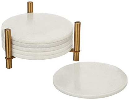 Queenza Marble Coasters for Drinks, Natural Stone Coasters Set for Coffee Table, Bar, Dining & Home Decor, Set of 6 Sleek 3.5-Inch, 5 mm Thick Tiles with Metal Holder, Polished from Both Sides