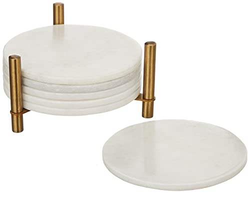 Queenza Marble Coasters for Drinks, Natural Stone Coasters Set for Coffee Table, Bar, Dining & Home Decor, Set of 6 Sleek 3.5-Inch, 5 mm Thick Tiles with Metal Holder, Polished from Both Sides